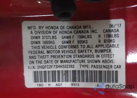 2017 Honda Civic Ex from USA, damaged, VIN 2HGFC2F73HH552392